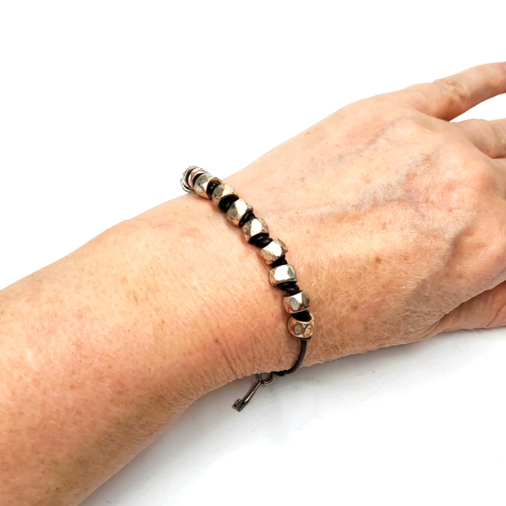 Fossil Brown Leather Cord and Silver Toned Beaded Bracelet - Picture 7 of 8